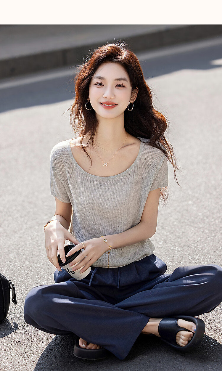 Demana Natural Linen Summer Elegant Round Neck Short Sleeve Loose Knit Top for Petite Women 12