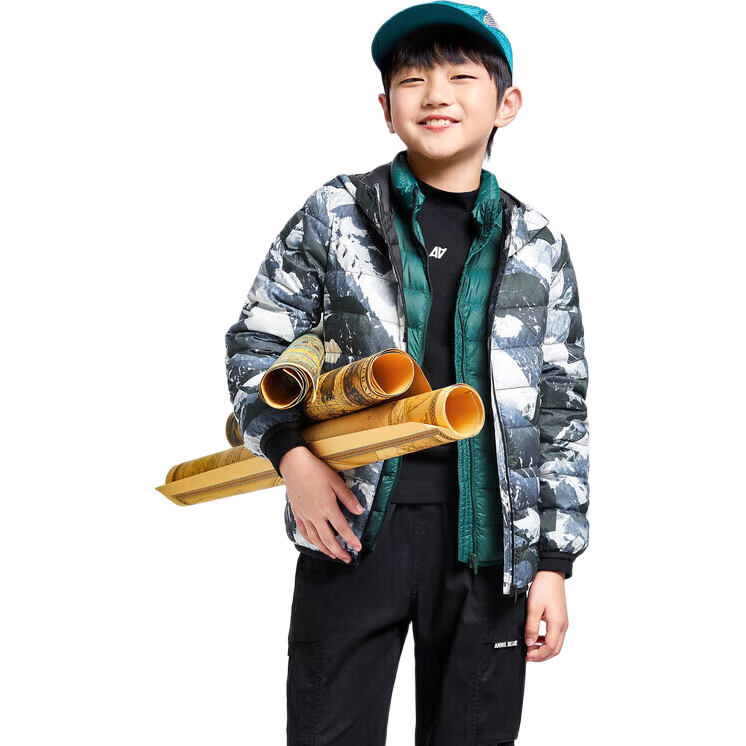Annil Children's Clothing, Boys And Girls Lightweight down Jacket, 2024 Winter New Style Triple Protection Warm Coat, Black Floral Pattern, Size 170
