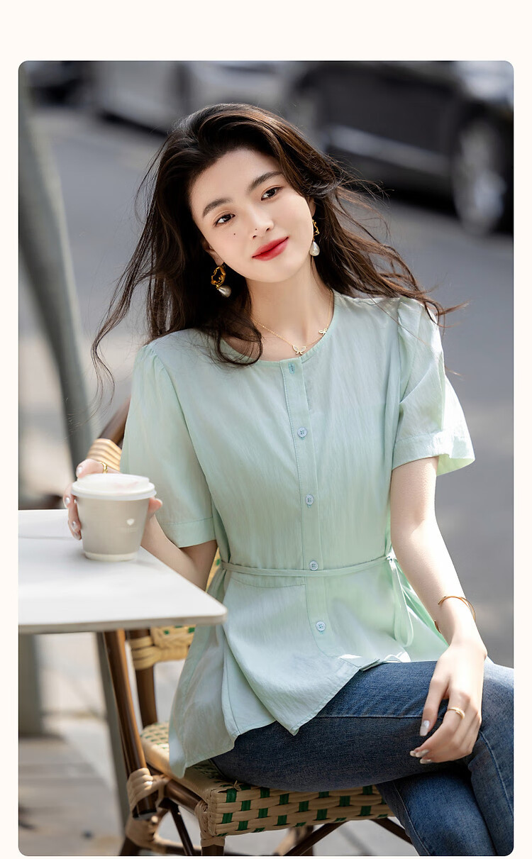 Dme [Elegant Top Student] Summer Comfortable Draping Cotton Wrinkle Shirt with Puff Sleeves And Belt, Women's Blouse Top 2