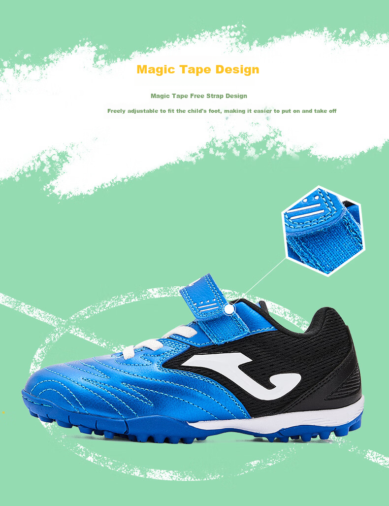 JOMA Velcro Children's Soccer Shoes with TF Turf Studs, Youth Elementary School Professional Competition Football Training Shoes, Blue And Black, Size 35 1