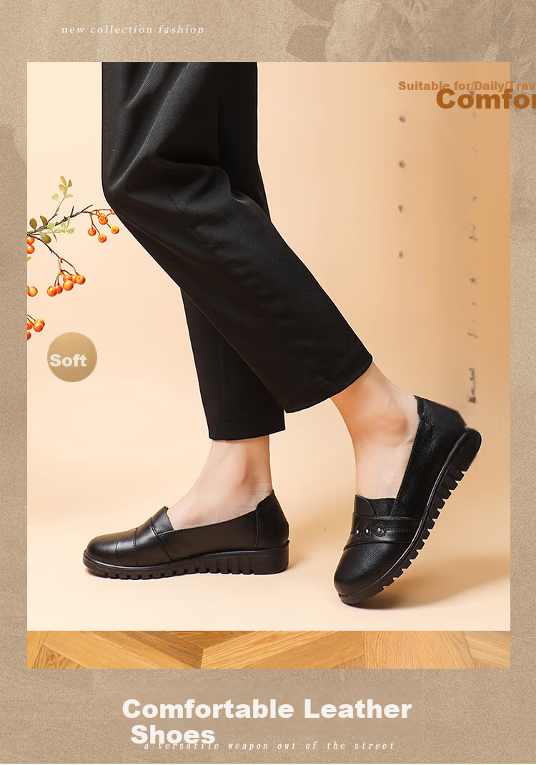 EGCHI Mom Shoes, Wide-Fit Slip-On, Top-Grain Leather, Soft Sole, Round Toe, Nurse Women's Shoes, H7502, Black, Size 36 3