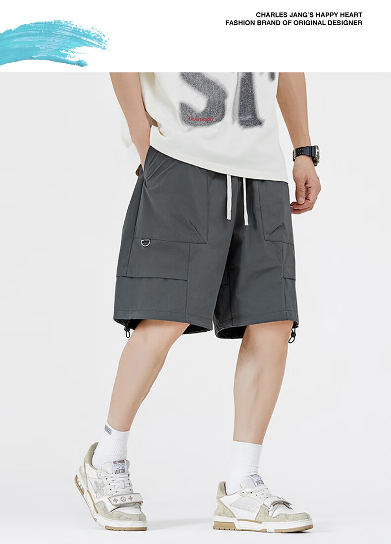 Chaersitaoxin Men's Shorts, Summer Heart Embroidery Straight-Leg Drawstring Loose Casual Cargo Five-Point Pants, Black, L 6