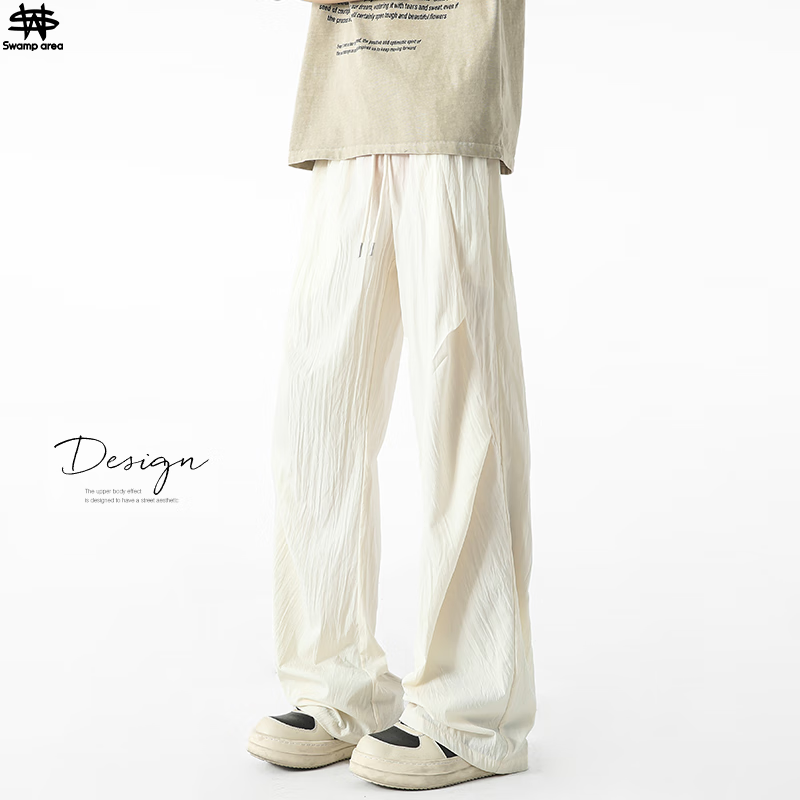 SWAMP AREA Wrinkled Ice Silk Pants for Men, Summer Lightweight American High Street Paratrooper Pants, Loose Straight-Leg Trousers KS51 Warm White 4XL