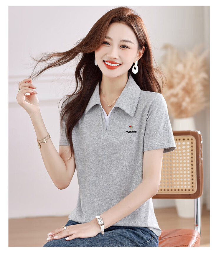 TUCANO Women's Short Sleeve T-Shirt Summer New V-Neck Polo Shirt Pure Cotton Slim Fit Sports Casual Top Purple Red M 8