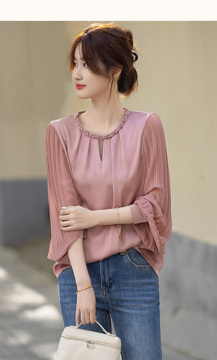 Dme [Selected Satin with Luster Yarn] Spring And Autumn Color-Block Round Neck Knit Strap Blouse, Pleated Patchwork Shirt, Women's Top 16