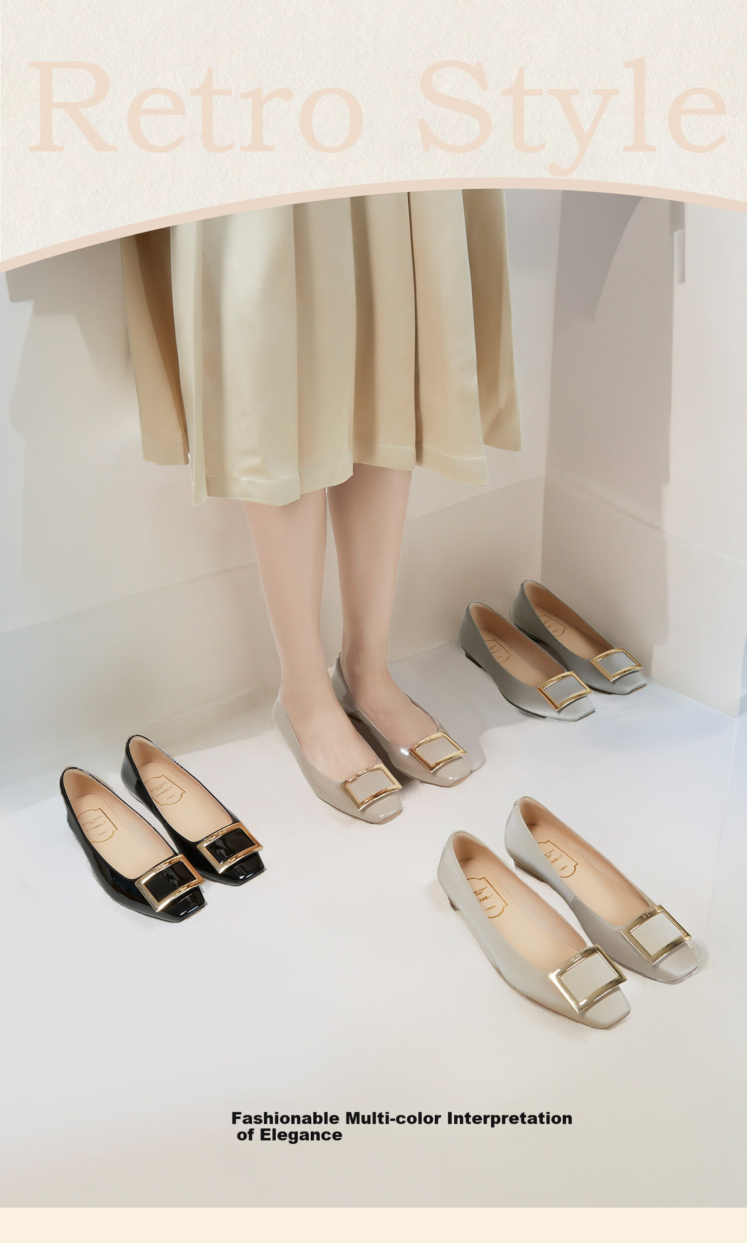 COMELY Square Buckle Low-Cut Flats for Women, Spring And Summer New Style Genuine Leather Versatile Flat Shoes to Match Dresses, Pink Apricot Color, Size 39 5
