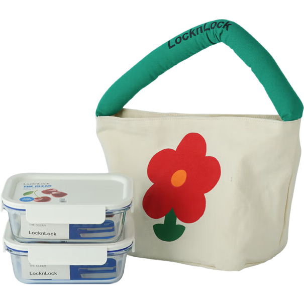 LOCK&LOCK Fresh Glass Food Storage Containers Microwave-Safe Lunch Box Set of 3 (630ml*2 + Lunch Bag) LNG428S602 White