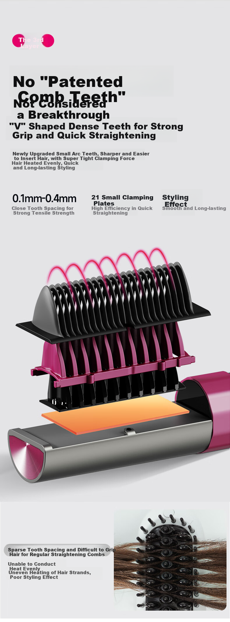 Jindao Straight Hair Brush with Plasma Ion Inner Curling Iron for High Crown Volume, Cornet Hair Clip, Frizzy Hair Improvement, Straightening Iron Brush, Plug-In Model KD3821, Purple, Portable, Mid-Autumn Festival Gift, Birthday Present 8