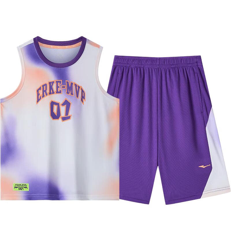 ERKE Boys' Sportswear Set for Older Children, Summer Sleeveless Basketball Outfit, Amethyst Purple, Size 175