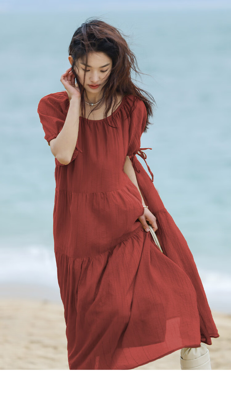 Dme Relaxed Fit Round Neck Long Dress Summer Vacation Fabric Textured Sleeve Cuff Drawstring Design Dress 15