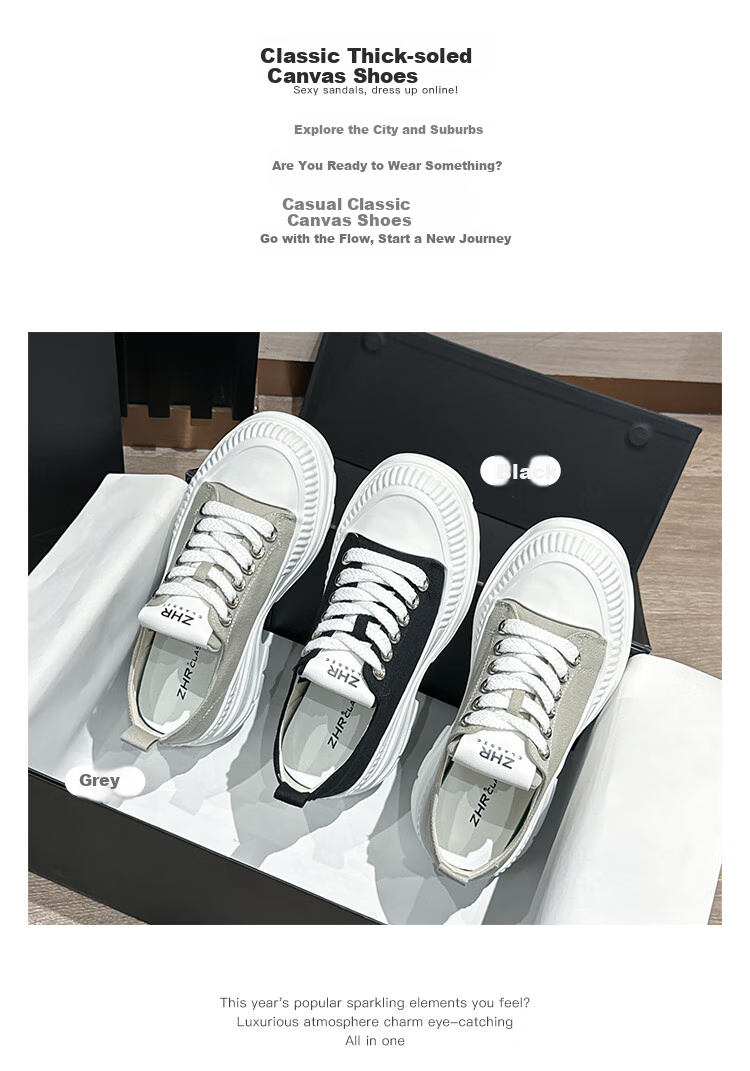 ZHR Canvas Shoes for Women, Lace-Up Thick-Soled Heightening Women's Shoes, Simple Versatile Casual Shoes, QT05 Black, Size 37 2