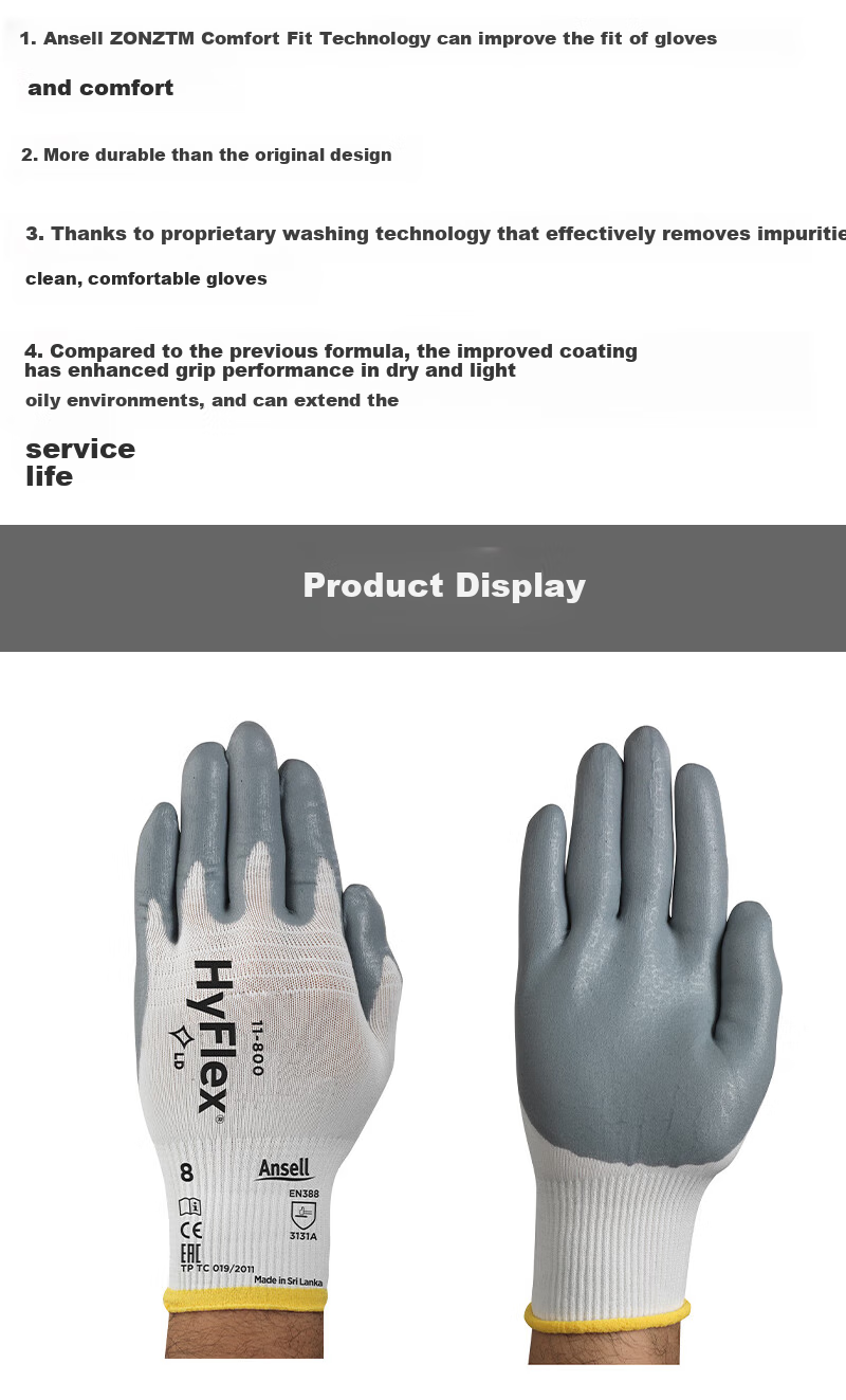Ansell Comfortable Protective Gloves with Nitrile Foam Coating, Non-Slip, Wear-Resistant, Tear-Resistant Mechanical Maintenance Work Gloves 11-800 (1 Pair) 8/M 3