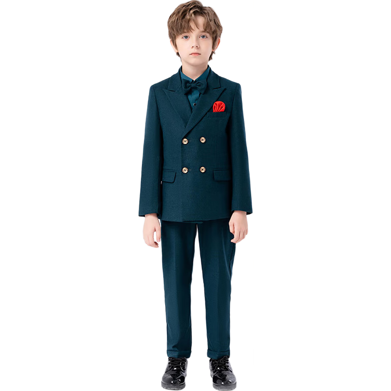 LUOBOBEIBEI Children's Suit Set, Boys' Formal Wear, Wedding Flower Boy Suits, New Year's Greeting Outfits, Dark Green Five-Piece Set, Size 130
