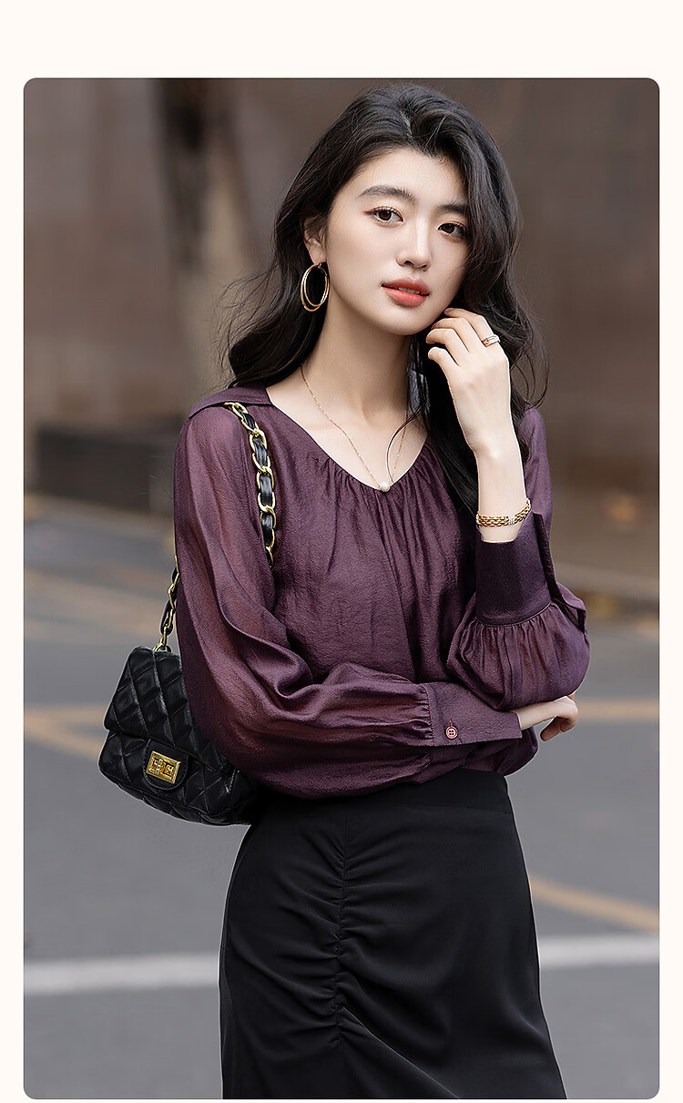 Dme [Monet Purple Series] Autumn Wrinkled Shiny Silk Blouse, Pleated V-Neck Short Front Long Back Shirt, Women's Top 2