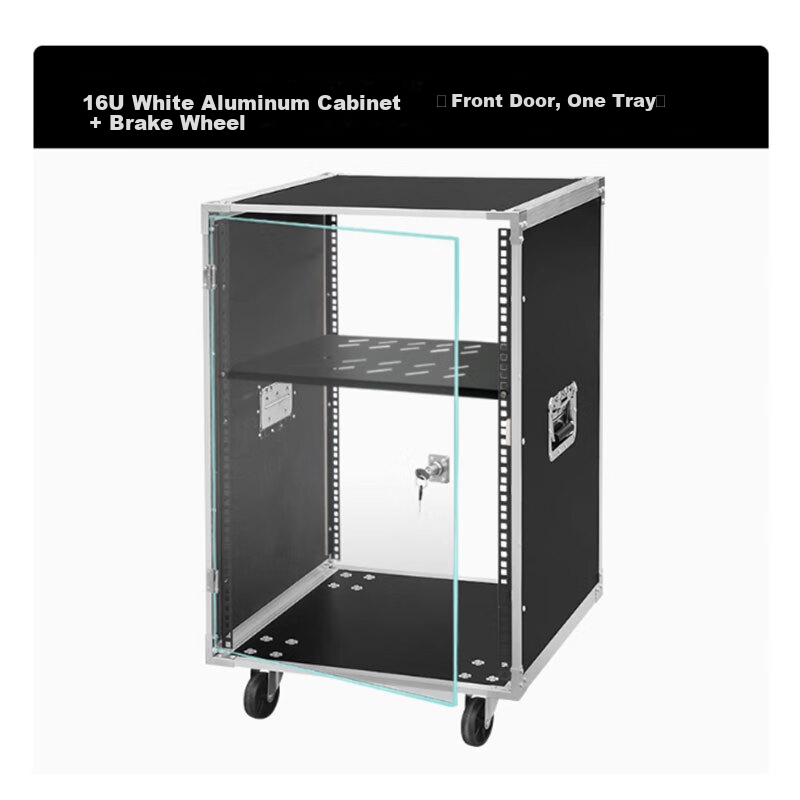 Shuledi ABS-80U Speaker Cabinet, Audio Rack, 16U Wooden Cabinet, Storage for Amplifiers, Mixer, Microphones, And Main Units, with Wheels And Doors, Includes One Partition Board