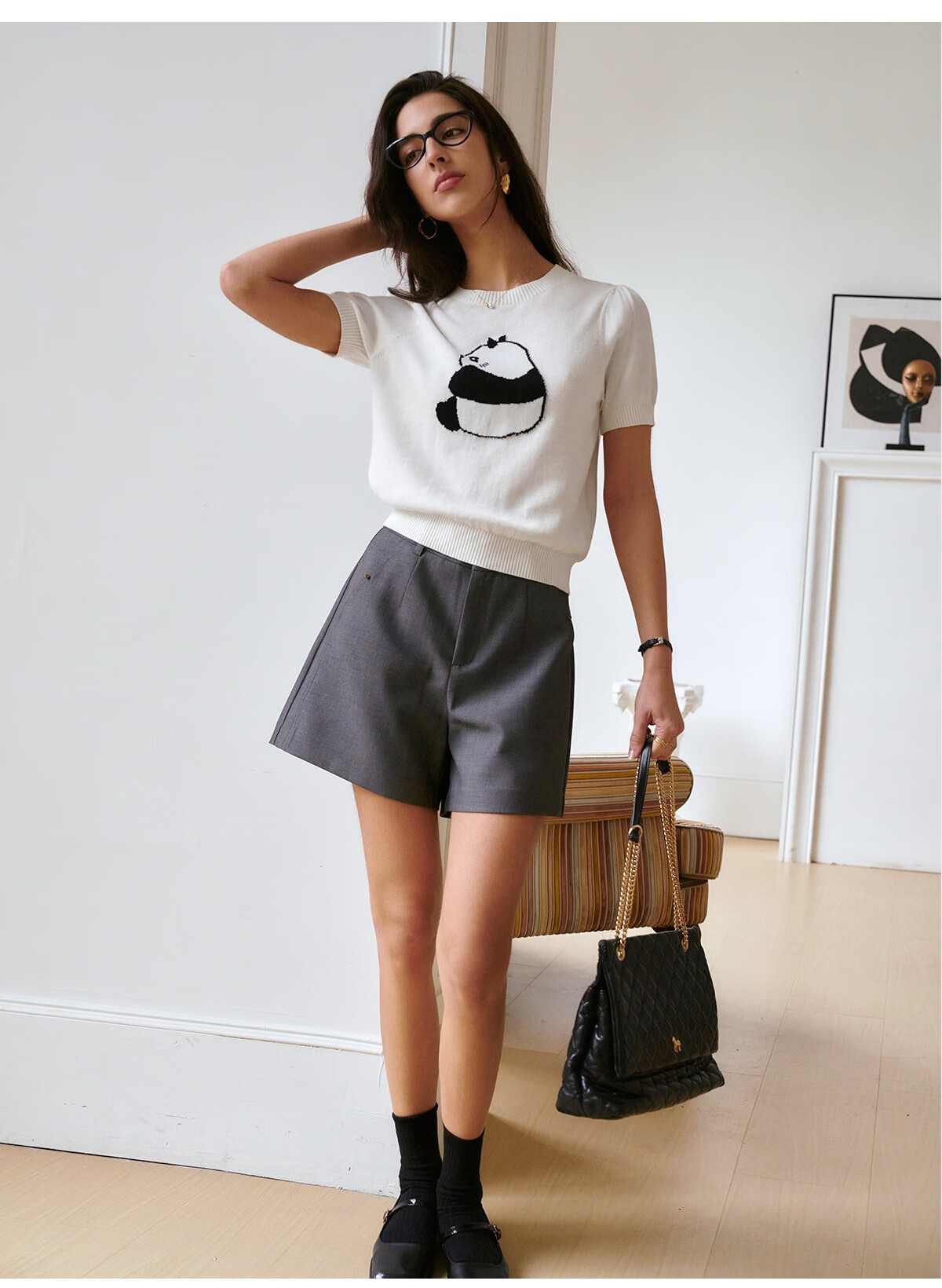 Oulain Elegant Short-Sleeve Knit Top for Women, Spring And Summer Fun Panda Pullover Sweater, Light Gray, L 21
