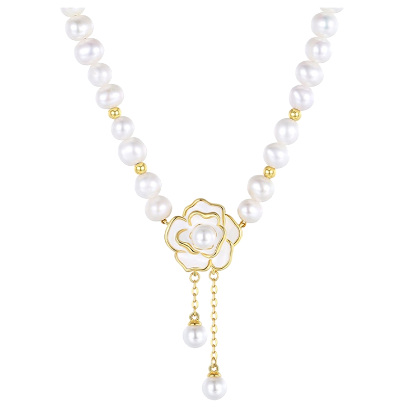 Chow Tai Fook Shijia Pearl Light Luxury Necklace Women's Camellia High-End Silver Pendant Clavicle Chain 520 Gift for Girlfriend
