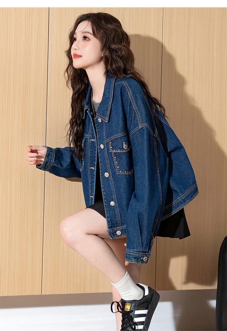TonLion 2025 Spring Women's Lapel Pocket Detail Denim Jacket, Dark Denim Blue, M 9