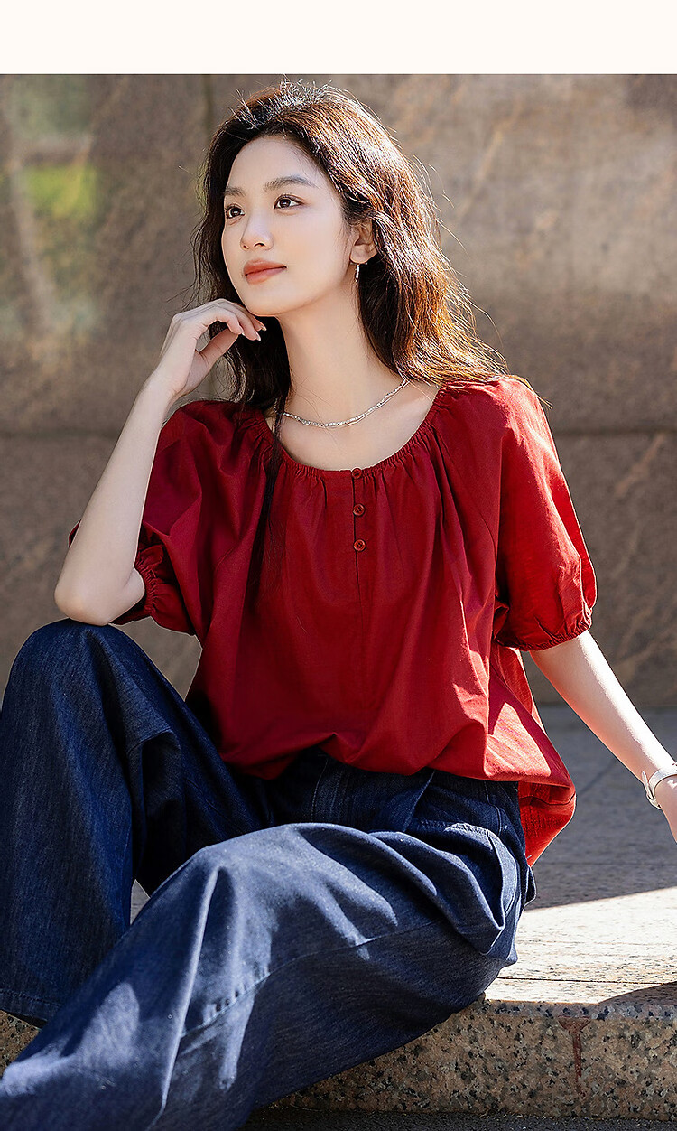 Dme [Elastic One-Shoulder Round Neck Two-Way Wear] Summer Lightweight Linen Cotton Blend Blouse Elegant Shirt Women's Top 20
