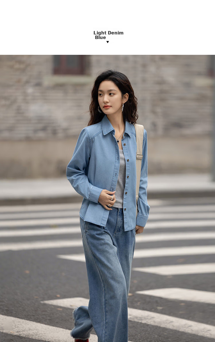 Dme [Zhinai Daning] Spring Simple Lapel Patchwork Shirt, Comfortable Concealing, Stylish Denim Blouse, Women's Top 5