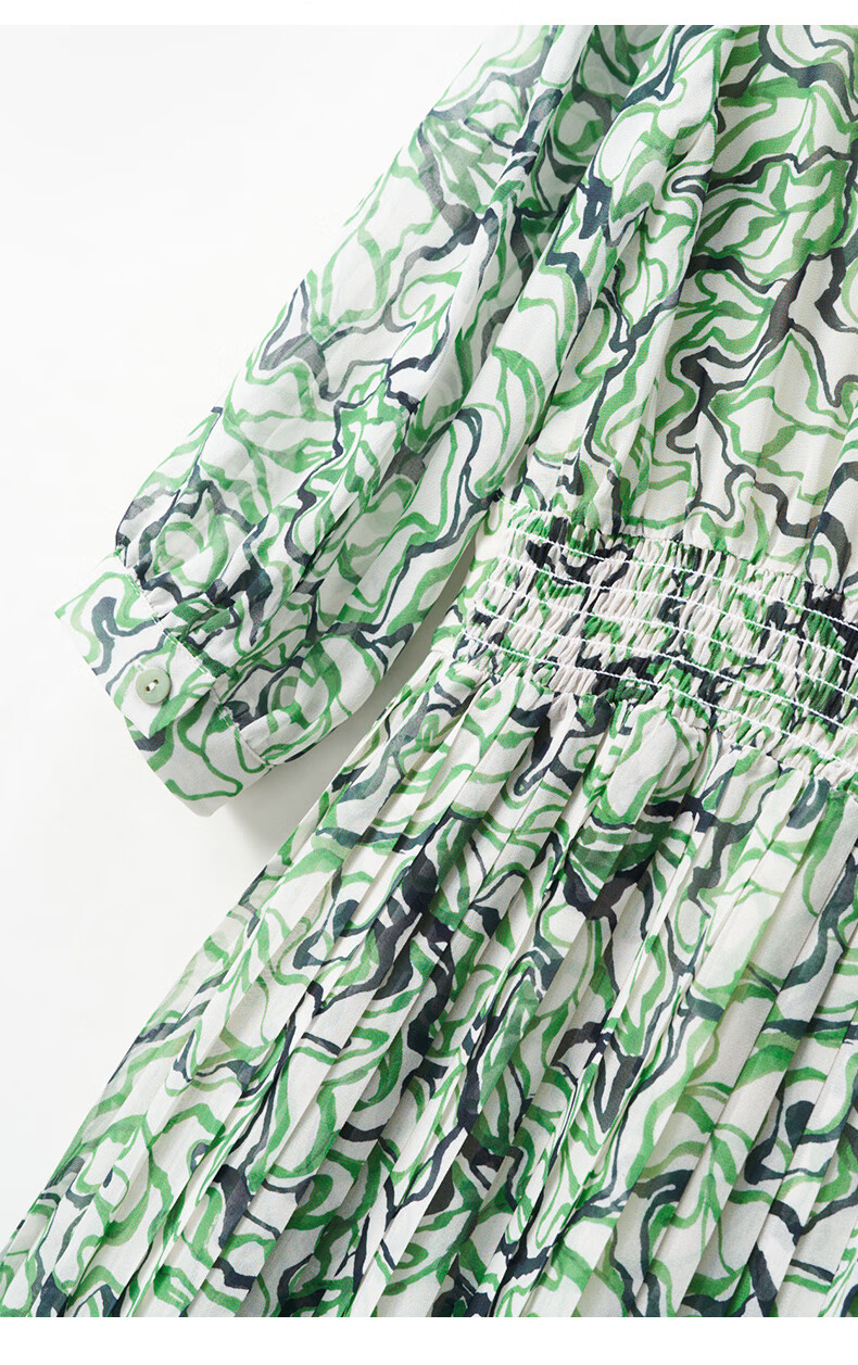 YANYEE Elegant Floral Print A-Line Skirt, 2025 Early Spring, Waist-Cinching Slimming, Commuter Style, V-Neck, Three-Quarter Sleeve Dress, Green Floral Pattern, Size M 17