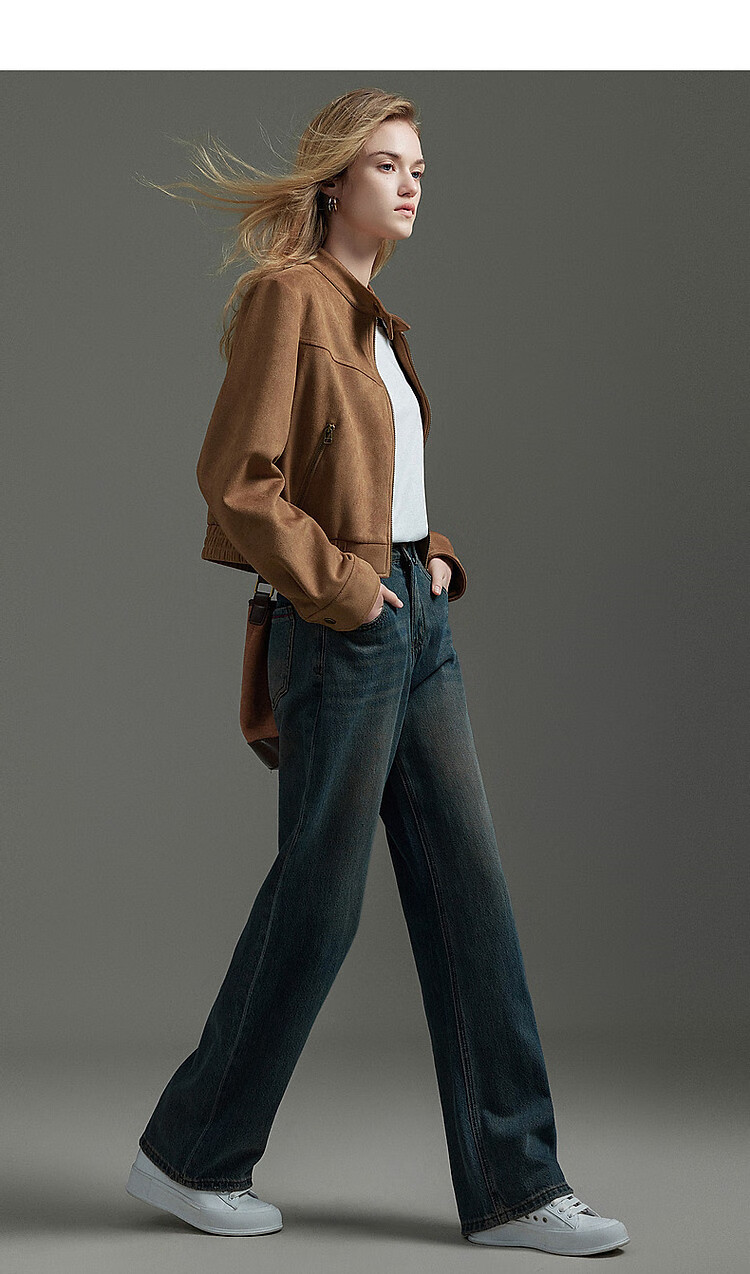 Dme [Wake Up Wild] Autumn Motorcycle Style Stand Collar Faux Suede with Split Line Elastic Hem Jacket for Women, Short Style 8