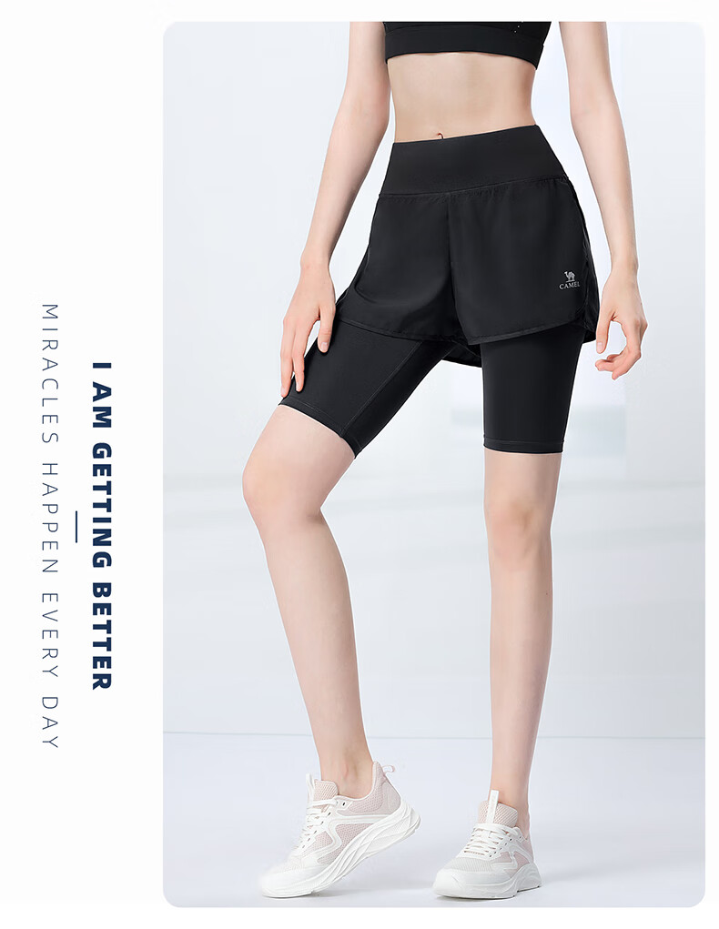 CAMEL Faux Two-Piece Quick-Dry Women's Sports Pants, Elastic Running Fitness Shorts, Y24BA4L0037M, Misty Gray, L 18