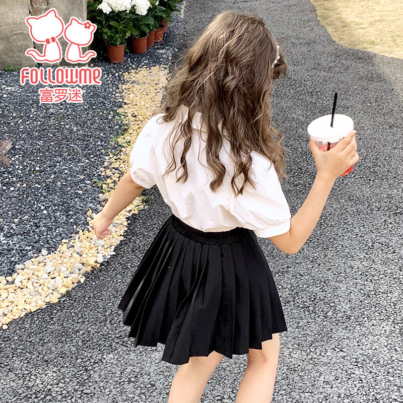 Fulomi Girls' Summer School Style Two-Piece Set Short Sleeve Shirt and JK Pleated Skirt White/Black 130
