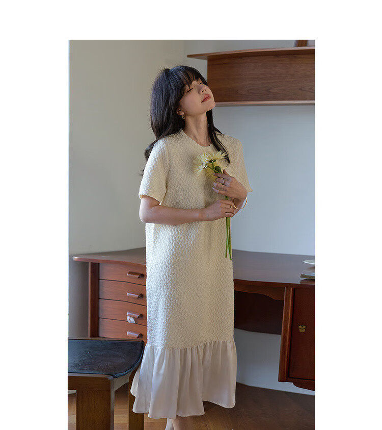 MT Oil Painting Gardenia Spring Gentle Wrinkle Texture Satin Patchwork Slimming Short Sleeve Mid-Length Dress for Women 5