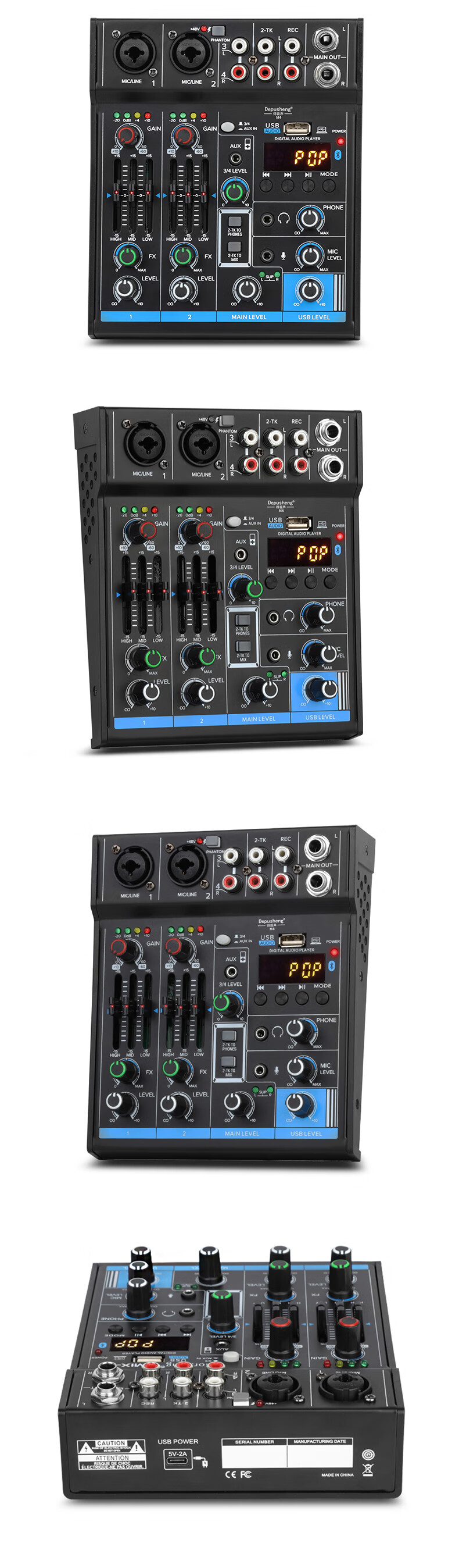 Depusheng Professional 4-Channel Mixer USB Sound Card Bluetooth USB EQ Reverb 7-In 4-Out M4 for Computer Live Streaming Recording Home KTV Singing Video Conference Karaoke 6