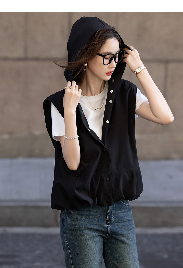 Dme [Minimalist Return] Autumn Simple Style Commuter Hooded Sleeveless Four-Button Casual Jacket Women's Outerwear 5