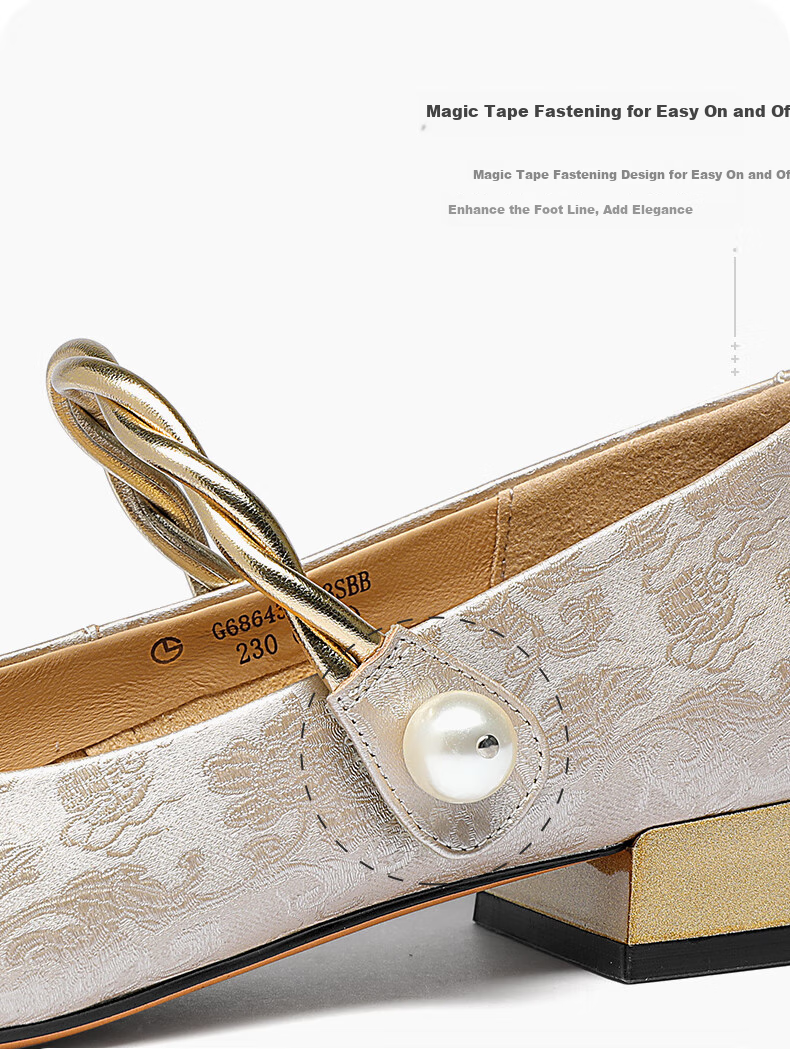 Goldlion Women's Shoes, New Chinese-Style National Fashion Flats, Chunky Heel, Color-Block Mary Jane Shoes, G686430283, Champagne Color, Size 37 5