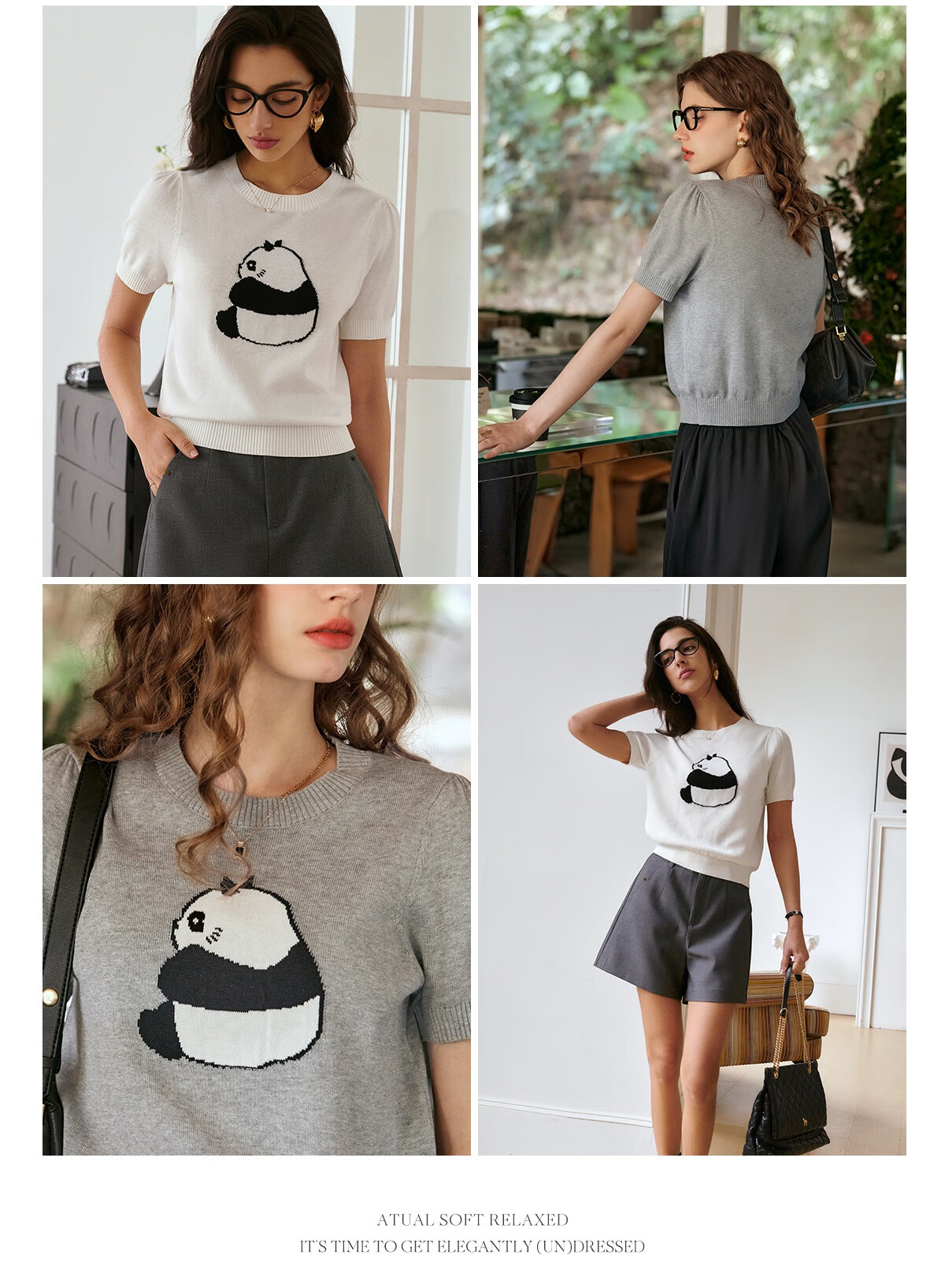 Oulain Elegant Short-Sleeve Knit Top for Women, Spring And Summer Fun Panda Pullover Sweater, Light Gray, L 4