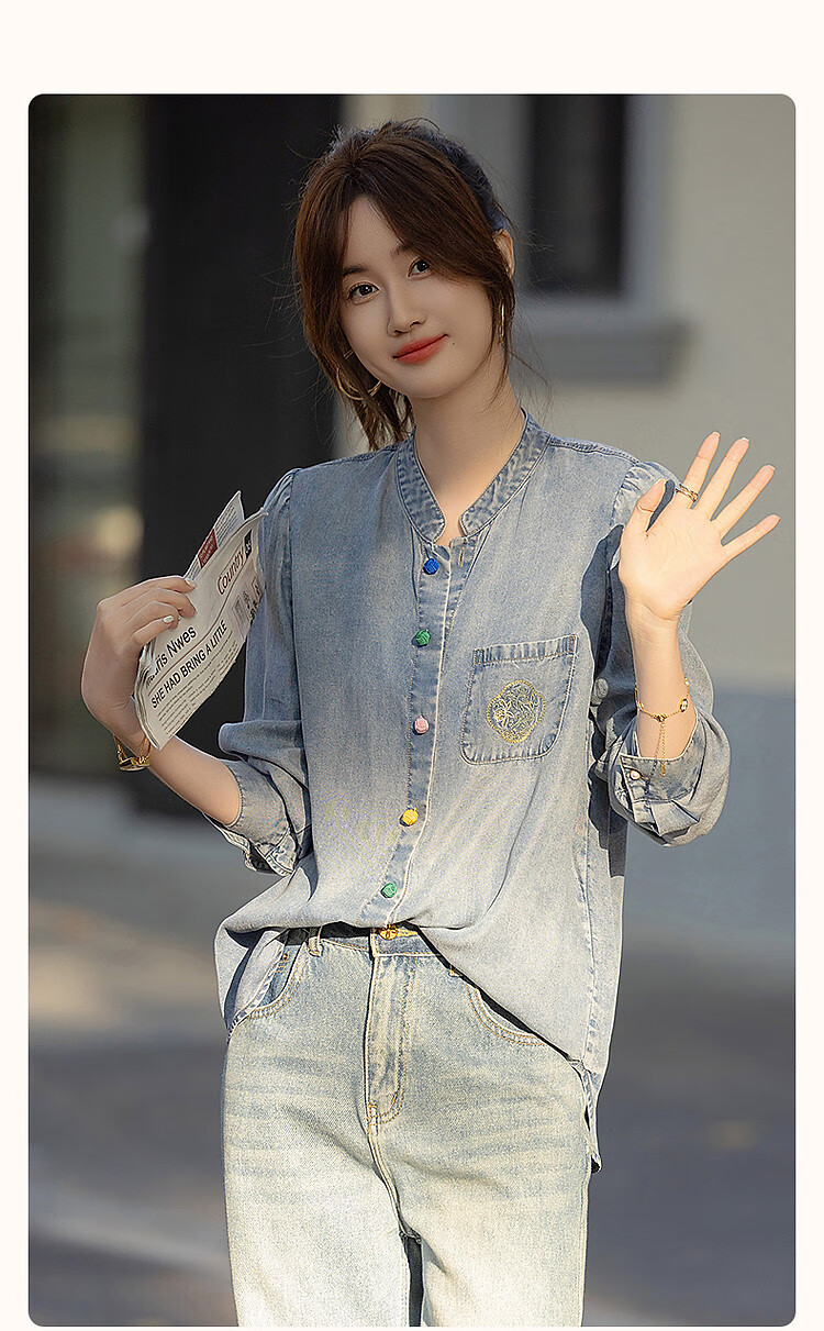 Dme [100% Lyocell Fiber] Spring Light Luxury Chinese Style Embroidered Shirt, Stand-Up Collar, Colorful Button Blouse, Women's Top 2