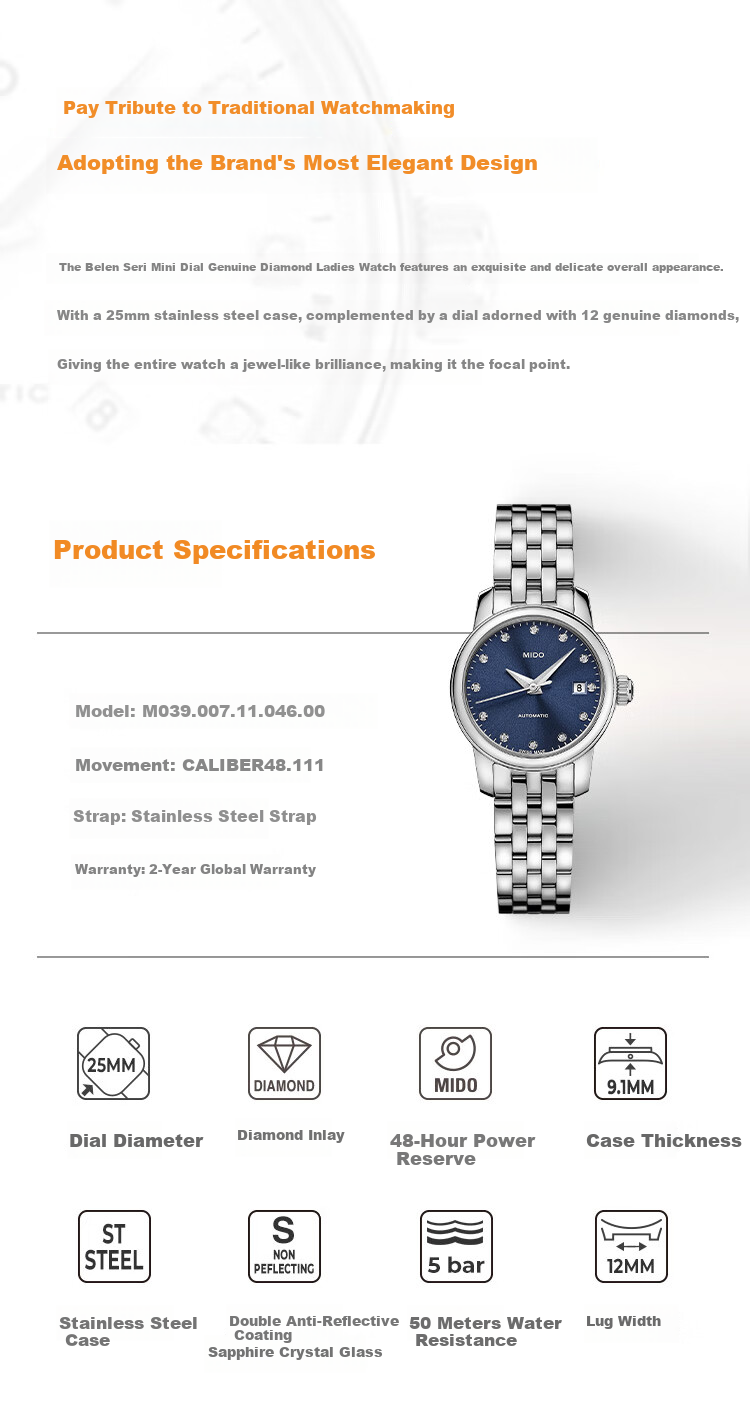 MIDO Swiss Watch, Ballon Bleu Mini Small Dial, Fashionable Elegant Mechanical Steel Strap Women's Watch, Gift for Girlfriend 1