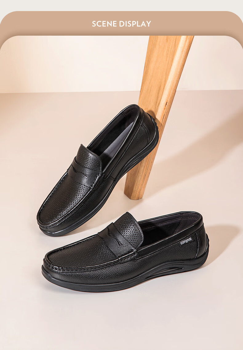 Kangnai Summer Business Casual Loafers Slip-On Perforated Leather Shoes Men's Hollow Comfortable Sandals Breathable Black Size 38 1