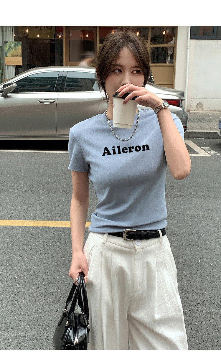TonLion 2025 Summer Women's Round Neck Short Sleeve T-Shirt with Front Chest Lettering, Casual And Versatile 7