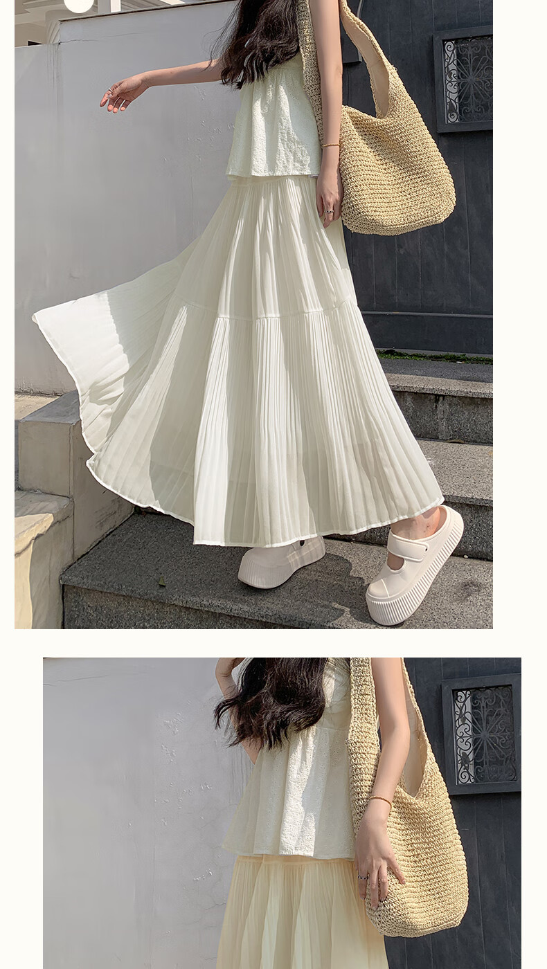 BOPRUIEY Pleated Chiffon Skirt for Women, Summer High-Waist Draping Gentle Elegant A-Line White Long Skirt 11