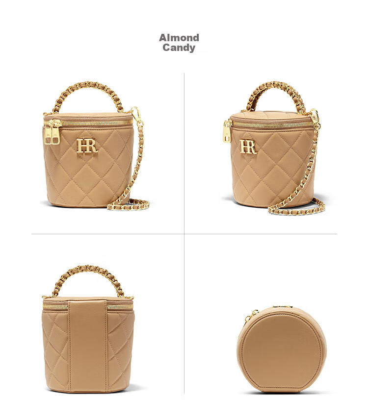 HR Women's Handbag, Top-Grain Leather Bucket Bag, Shoulder Crossbody Bag with Chain, Small Round Purse, Birthday Gift for Wome 14