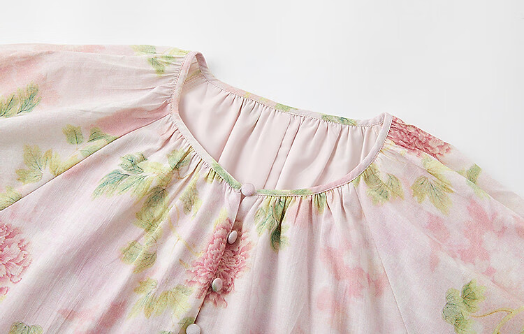 Dme [100% Cotton Bamboo Print] Summer French Romantic Floral Print Five-Quarter Sleeve A-Line Waist-Cinching Mid-Length Women's Dress 3