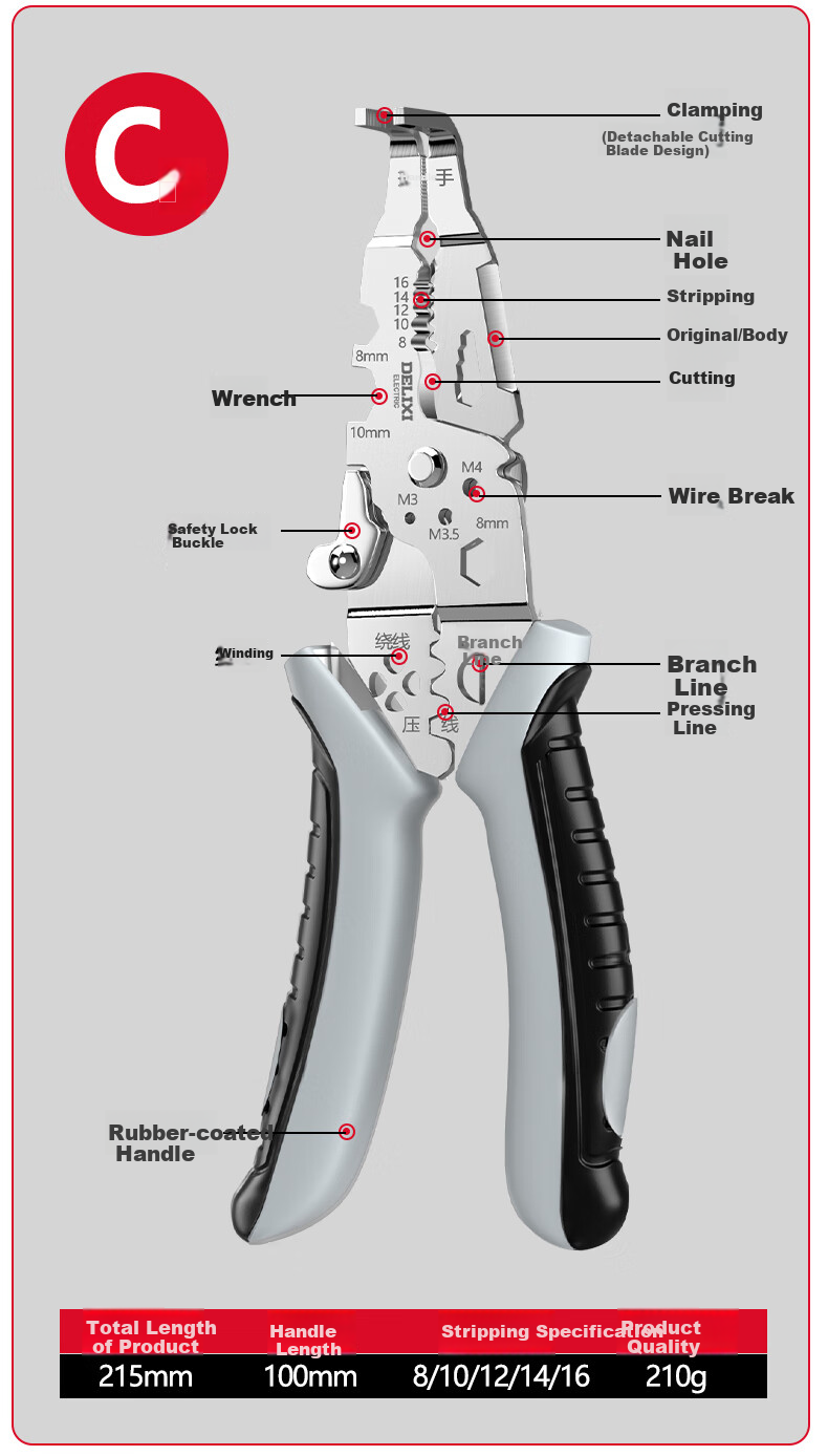 DELIXI ELECTRIC Wire Stripping Pliers, Electrician's Cutter, Multifunctional Wire Cutter, Wire Crimping Pliers, Specialized Cable Cutters for Electricians, Wrench Wire Stripping Pliers 27