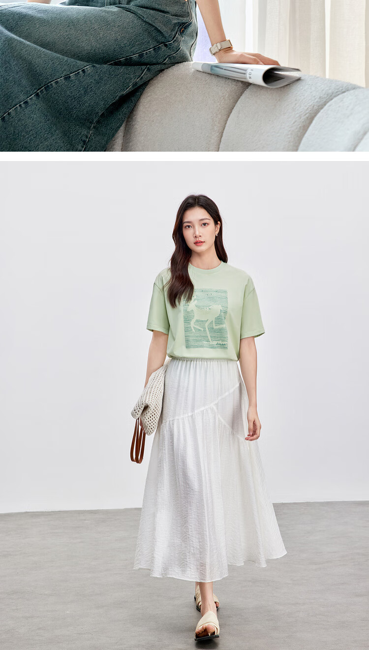 Shangdu Bila Cotton Casual Versatile Youthful T-Shirt Women Summer New High-End 3D Embossed Print Drop Shoulder Short Sleeve Top 24