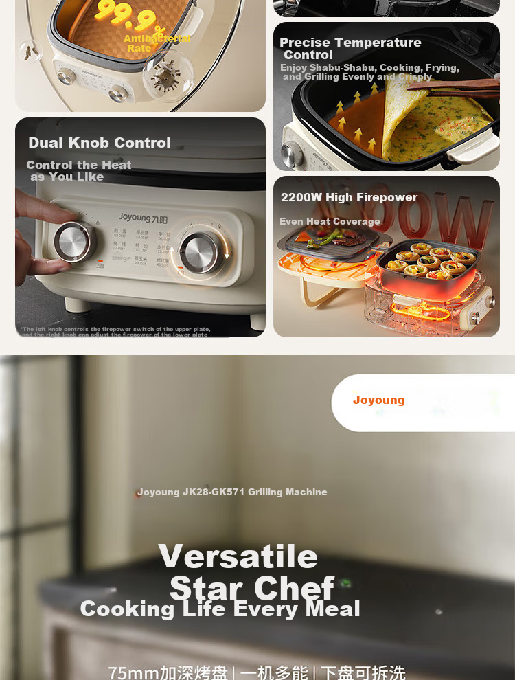 Joyoung Household 2200W High-Power Electric Griddle Breakfast Machine for Frying, Baking, Steaming, Boiling, Hot Pot, Detachable Lower Plate, Multi-Functional Cooker JK28-GK571 2