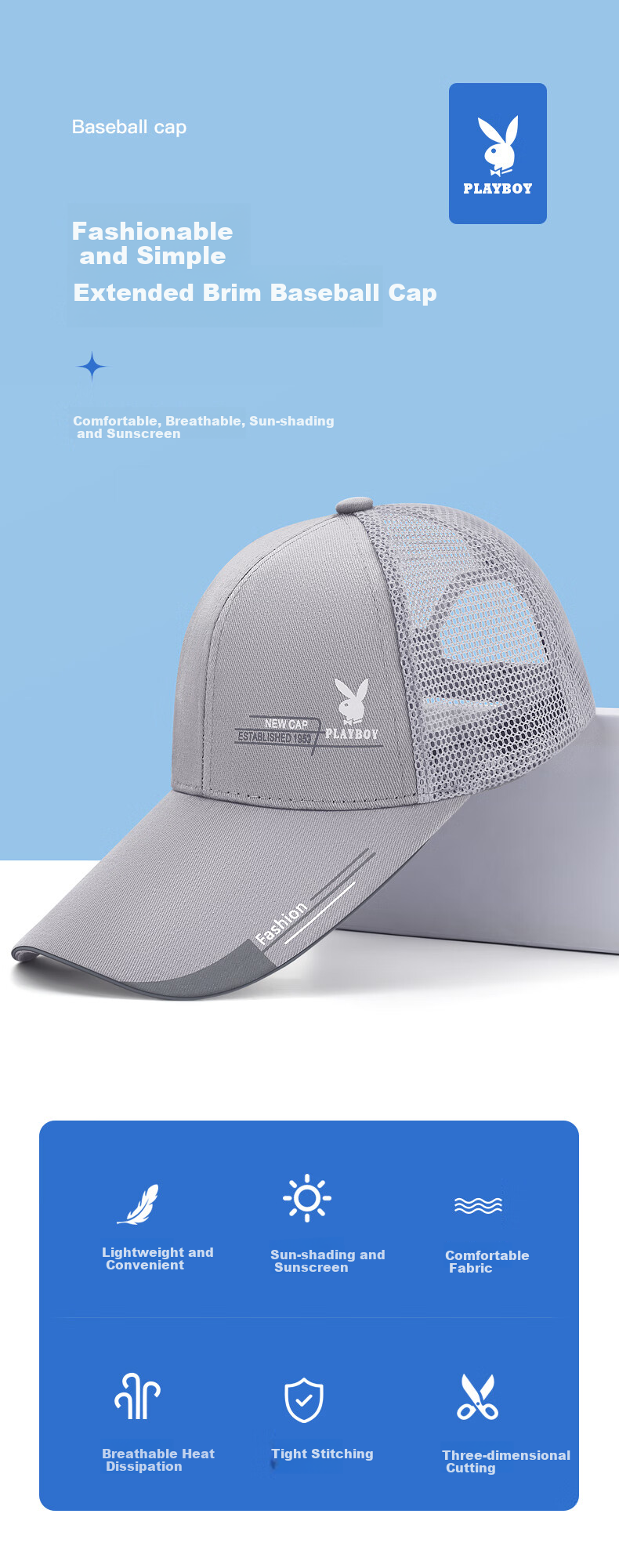 PLAYBOY Baseball Cap for Men And Women, Sun Protection Adjustable Half Mesh Breathable Travel Visor Hat for All Seasons 1