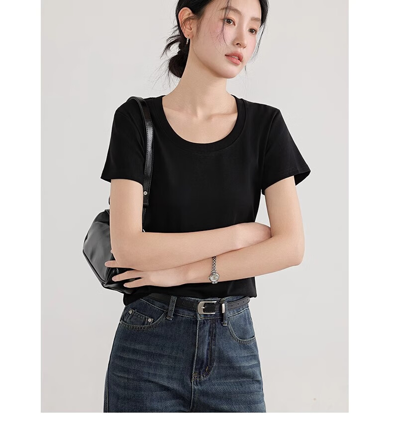 Woodpecker Solid Color Short Sleeve Women's T-Shirt 2025 Summer New Round Neck Regular Shoulder Fashion Casual Versatile Top Black M 15