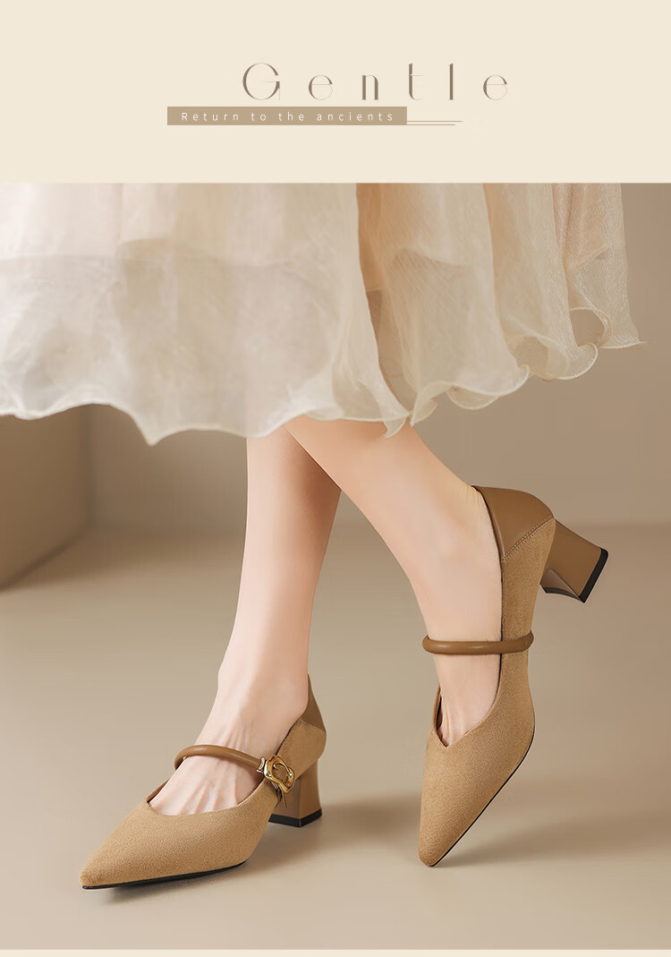 ZHR Zese Mary Jane Women's Pointed Toe Summer Single Shoes Shallow Mouth Chunky Heel One-strap Shoes BL379F Beige 37 11