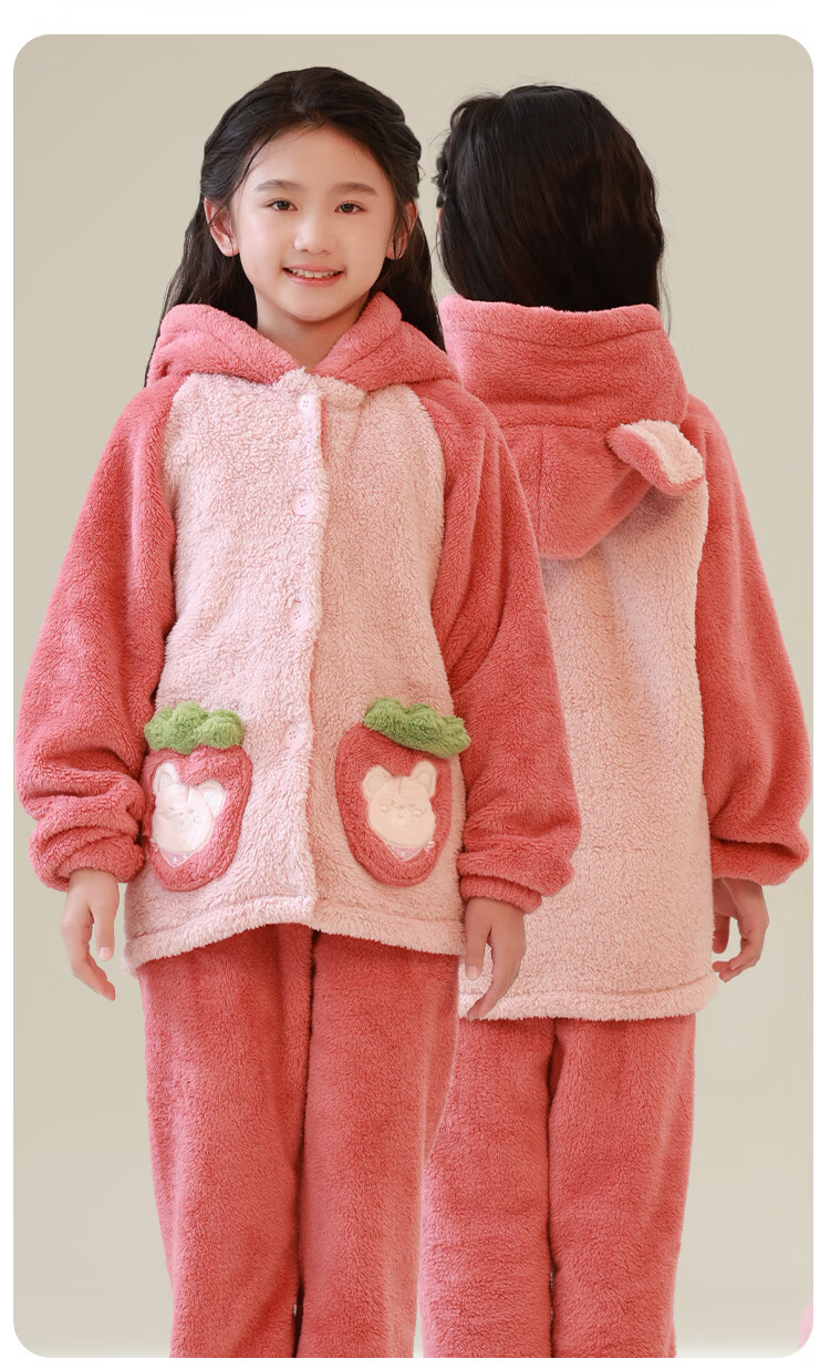 MiiOW Kids Girls Flannel Hooded Coral Fleece Pajama Set Thickened Autumn Winter 24 New Style 150cm 3
