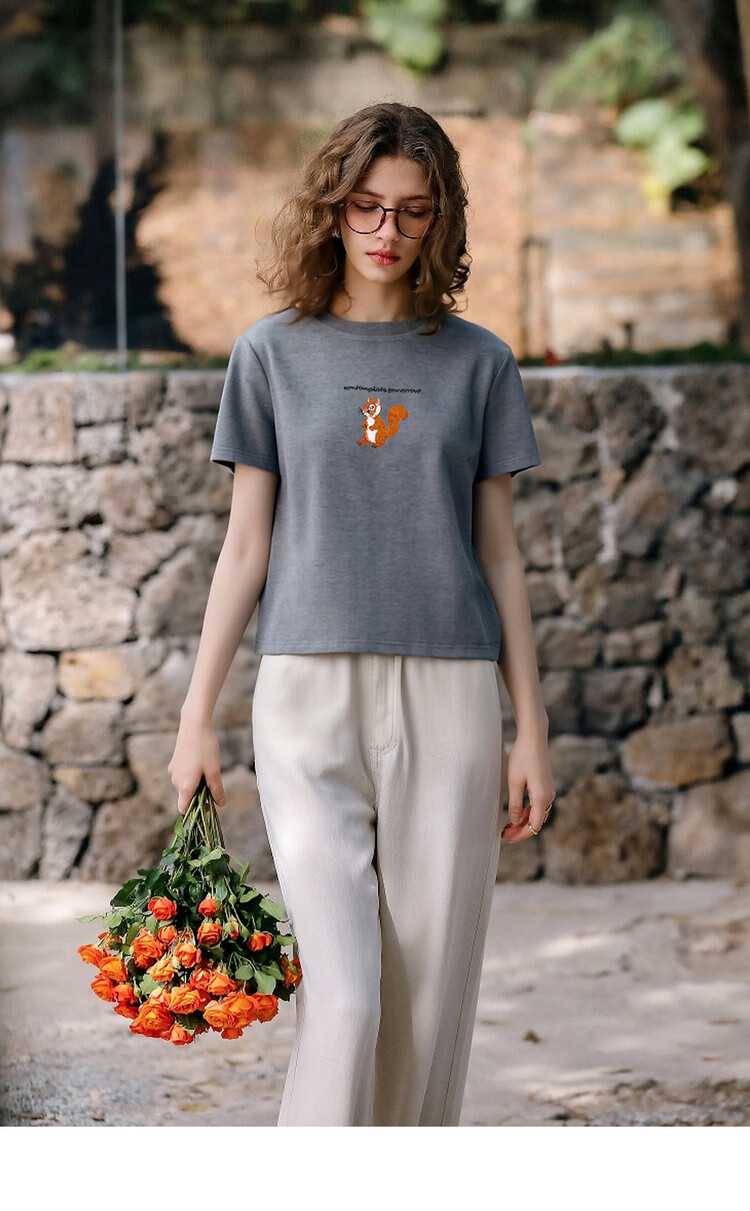 Olrain Colorblock Letter Embroidered Casual T-Shirt Summer Women's Short Sleeve Top Gray (New Batch) M 10