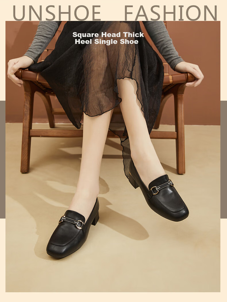 DAPHNE Chunky Mid-Heel Loafers for Women, Fashionable Comfortable Versatile Slip-On Leather Shoes, Black, Size 36 1