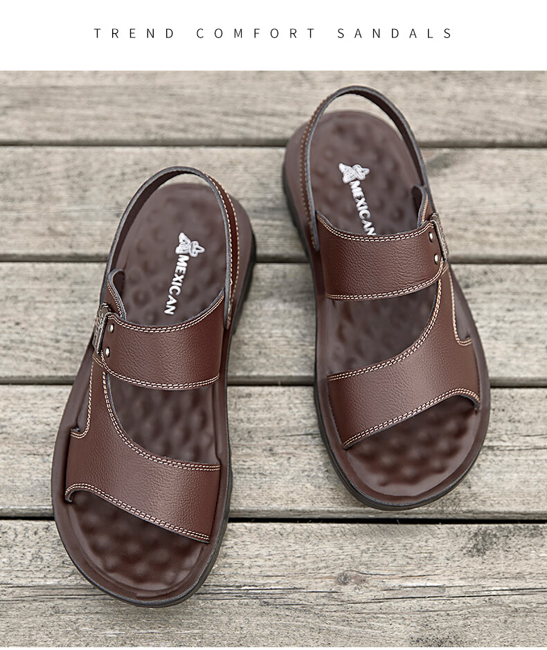 MEXICAN Men's First Layer Cowhide Sandals Beach Slip-On Hollow Out Shoes Black Size 44 24